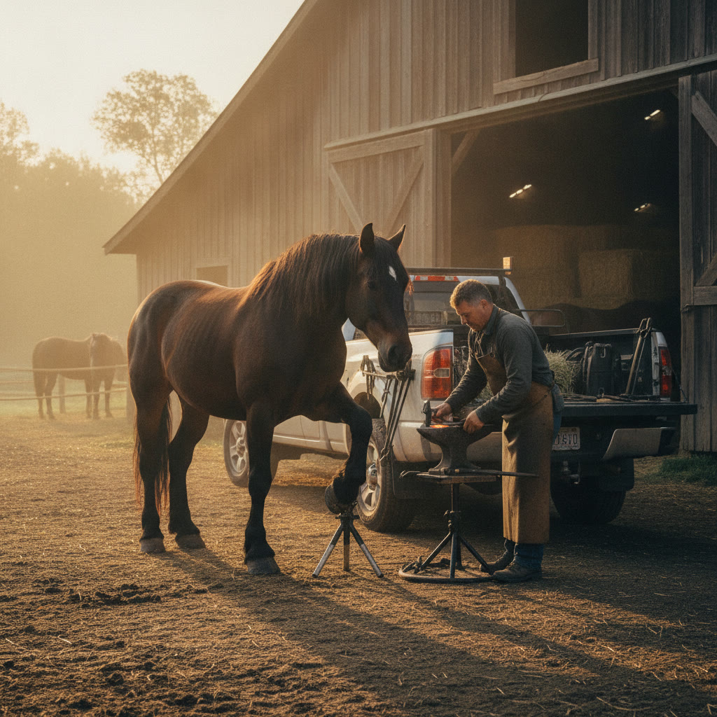 A farrier at a truck anvil beside a horse